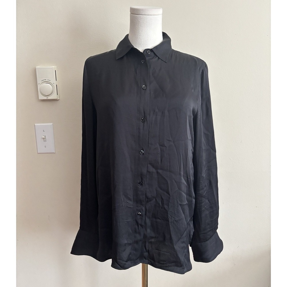 Vince Womens Small Button Up Blouse SILK Neutral Black Minimalist Chic Office